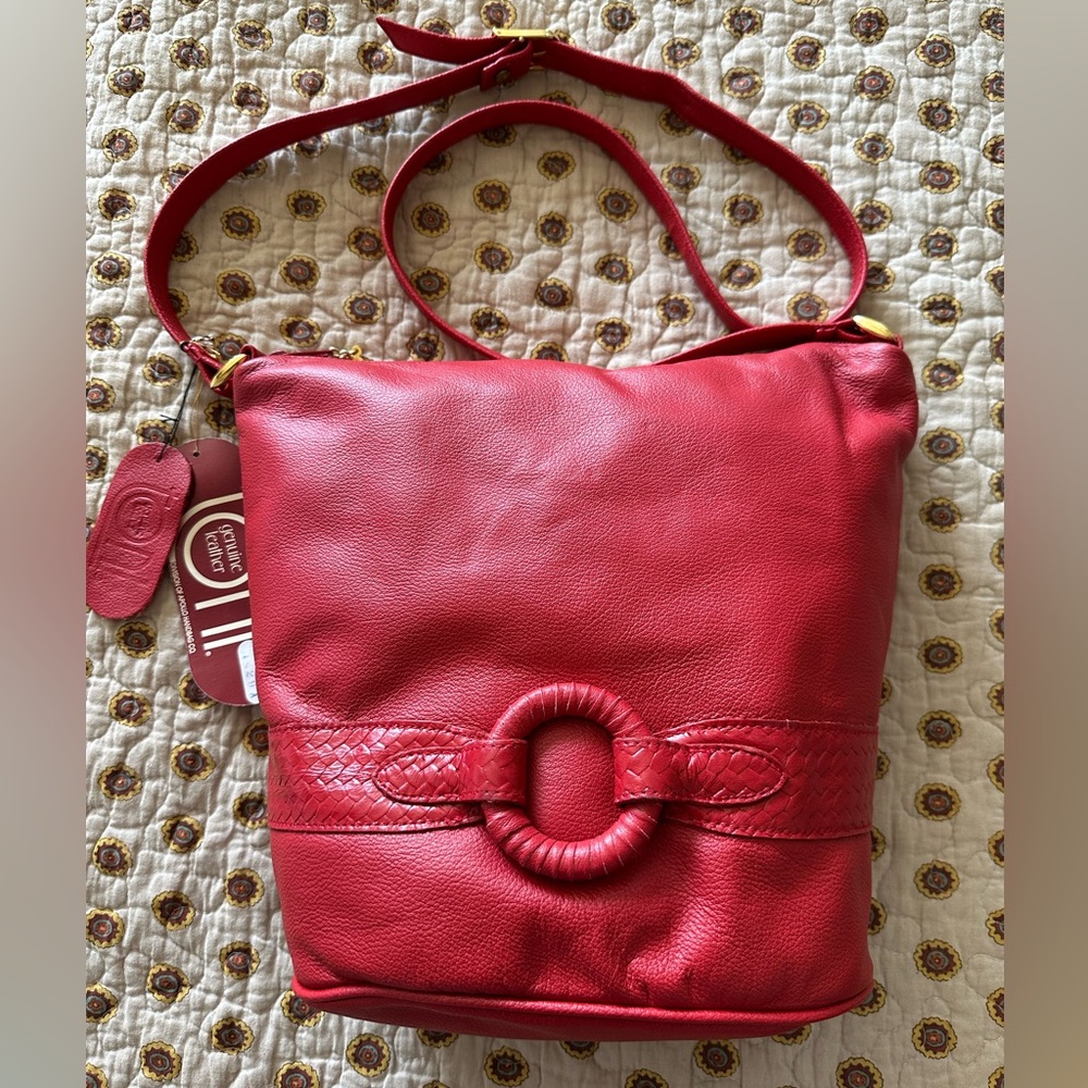 Red Leather Shoulder Bag with Circular ~1980